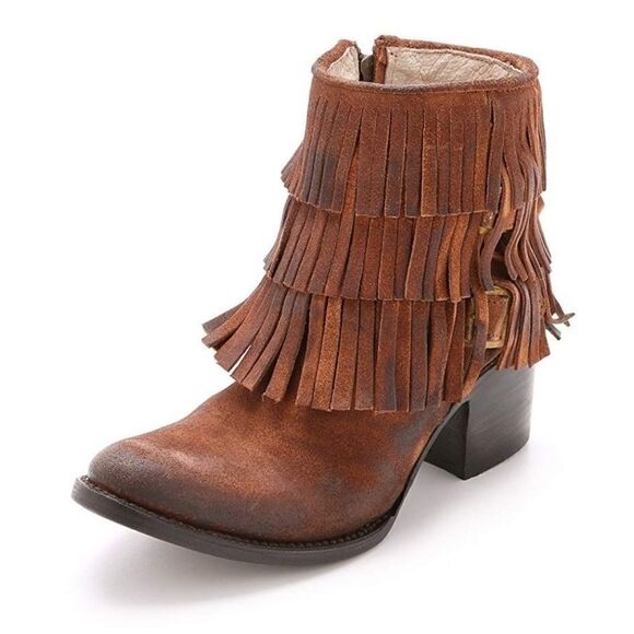 Freebird by Steven Distressed Whiskey Brown Suede Leather Fringe Buckle Booties - Picture 9 of 9